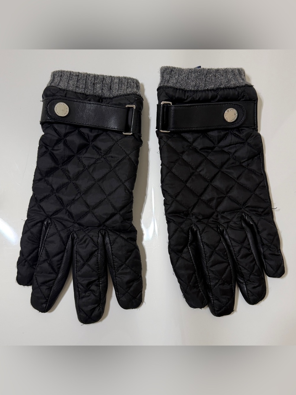 Ralph Lauren Black Quilted Gloves with Gray Knit Cuff